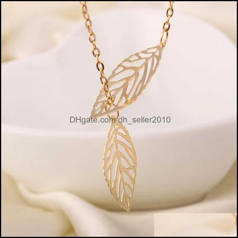 Simple European New Fashion Vintage Punk Gold Hollow Two Leaf Leaves Pendant Necklace Clavicle Chain Charm Jewelry Women