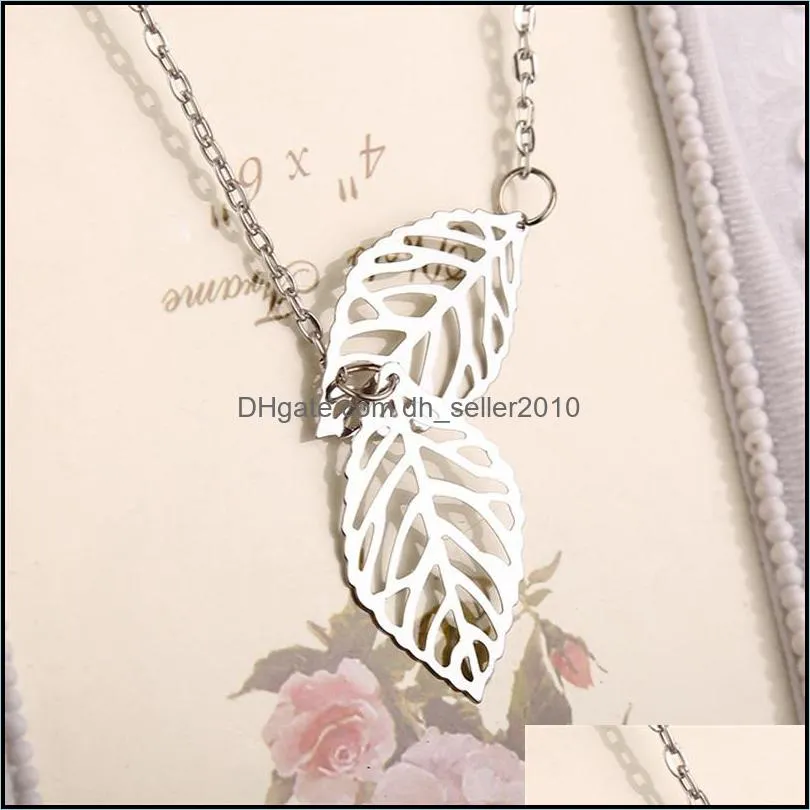 Simple European New Fashion Vintage Punk Gold Hollow Two Leaf Leaves Pendant Necklace Clavicle Chain Charm Jewelry Women