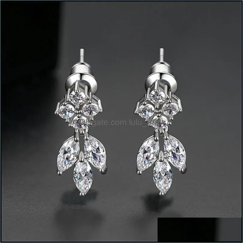 fashion designer women jewelry earrings leaf square cubic zirconia dangle earring 925 silver cz gold earring wedding gift