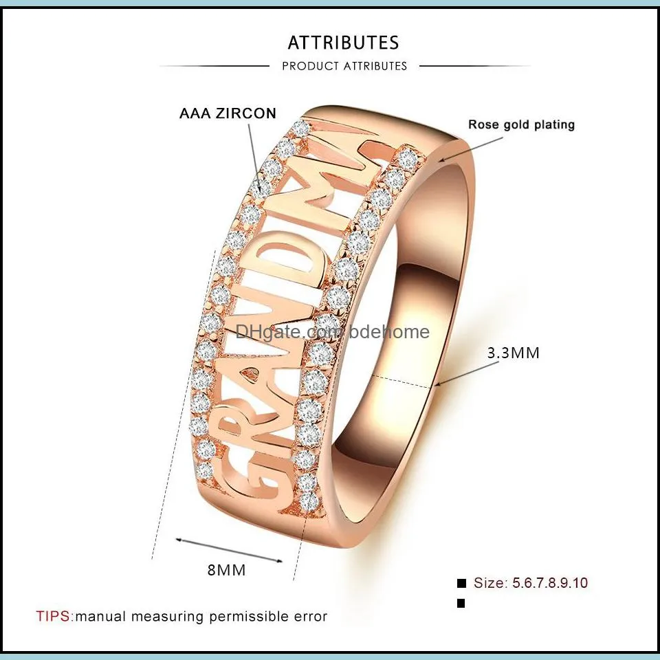 Fashion European Silver Rose Gold Letter Grandma Rings For Women Female Zircon Ring Love Famity Jewelry Best Gifts