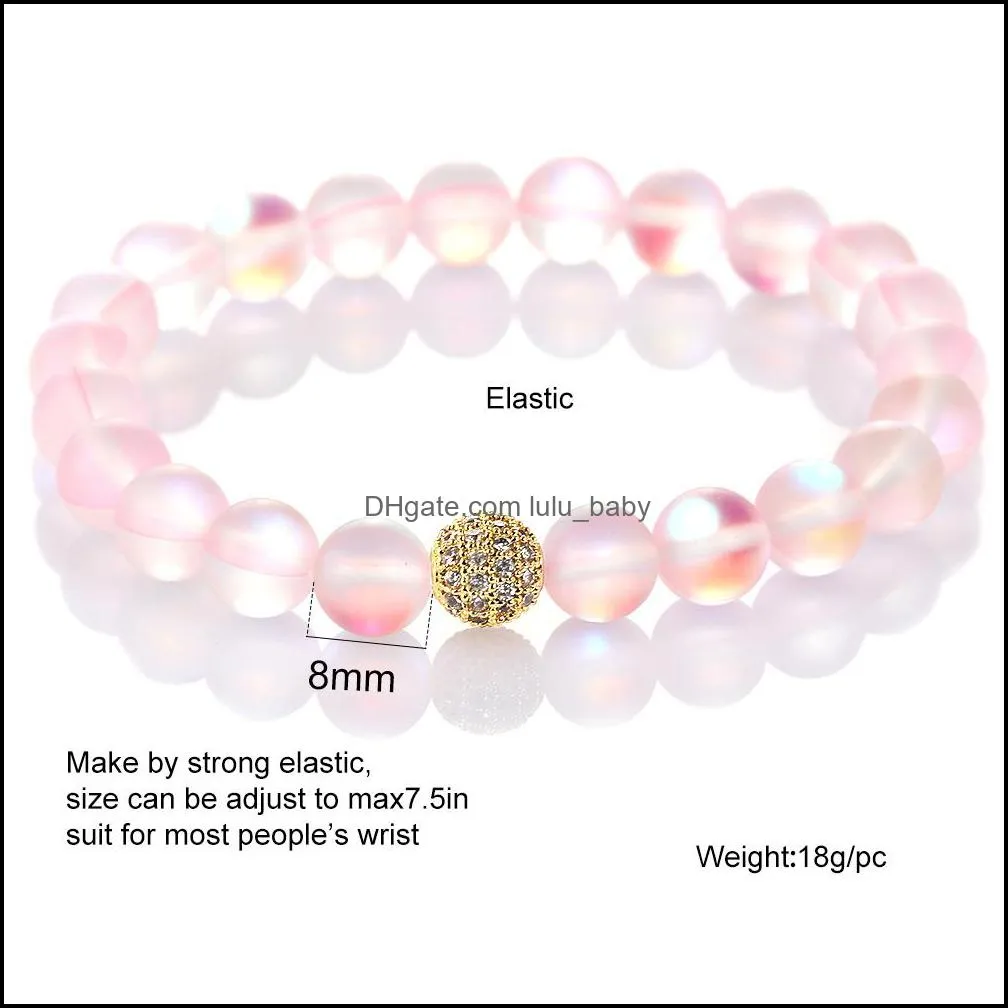 Fashion Glass Flash Stone Beaded Bracelet 8mm 6mm Dull Polish Frosted Colorful Moonstone Beads Zircon Copper Ball Bracelet for Women