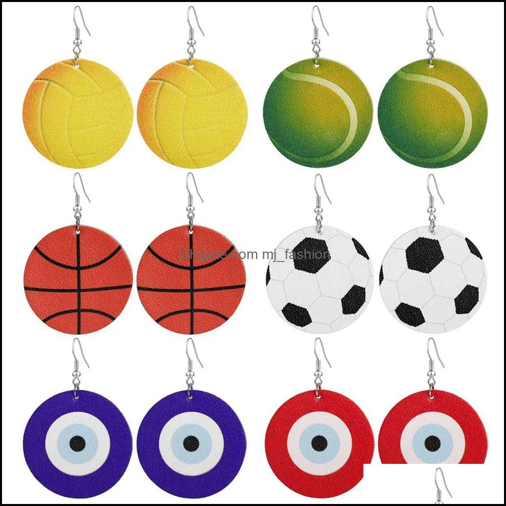 new fashion football baseball sports round pu leather earring teardrop printing dangle earring for independence day women jewelry