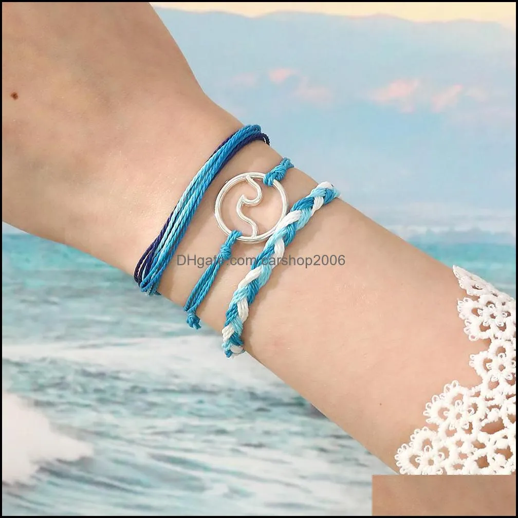 3pcs set handmade braided rope multilayer bracelet for women men fashion wave charm woven wax rope friendship bracelet diy jewelry set