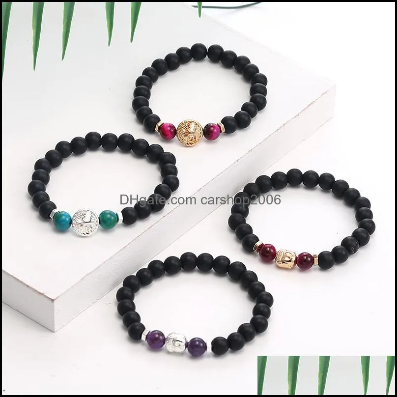 New 8MM Black Matte Stone Buddha Life of Tree Charm Beads Bracelet for Men Handmade Elastic Tiger Eye Amethyst Stone Bracelet Jewelry