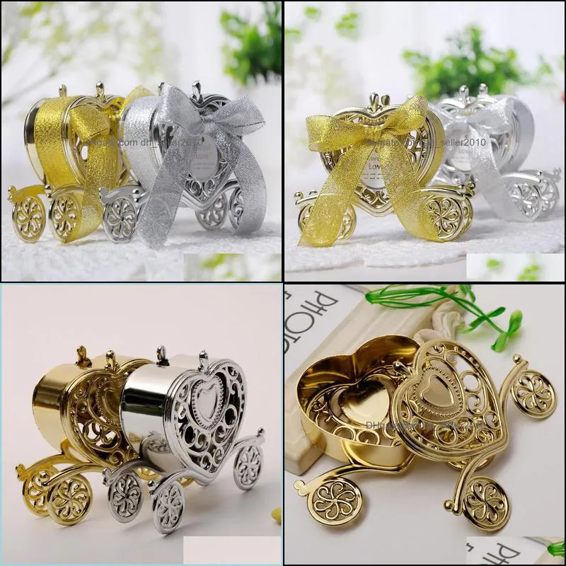 Bowknot Back Heart Carriage Candy Box Silver Golden Color Gifts Boxes Creative Containers For Wedding Party Favors