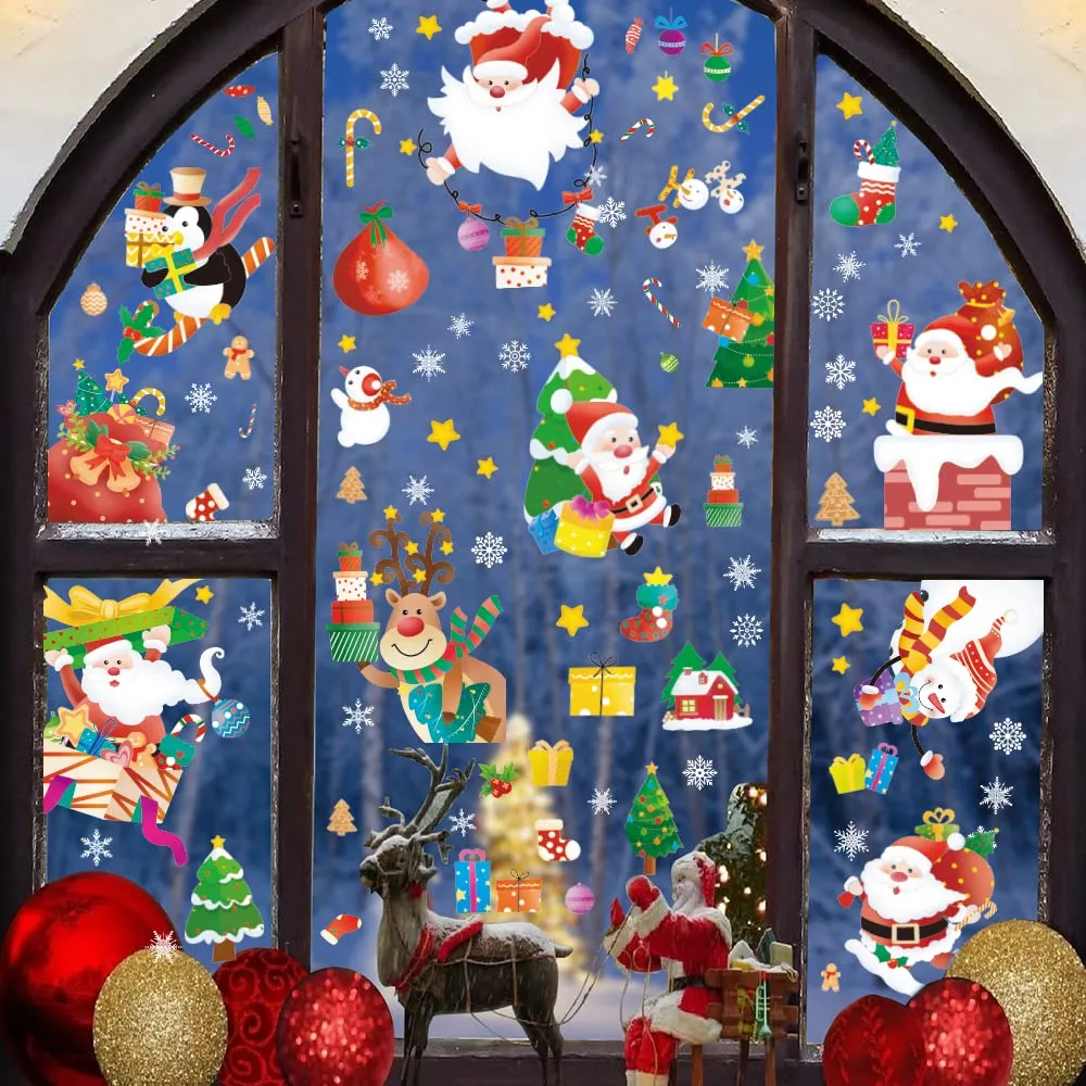 3ml christmas window clings christmas decals reusable double sided printed self adhesive window decorations santa claus moose snowman socks dwarfs xmas tree and snowflakes window clings 9 sheet