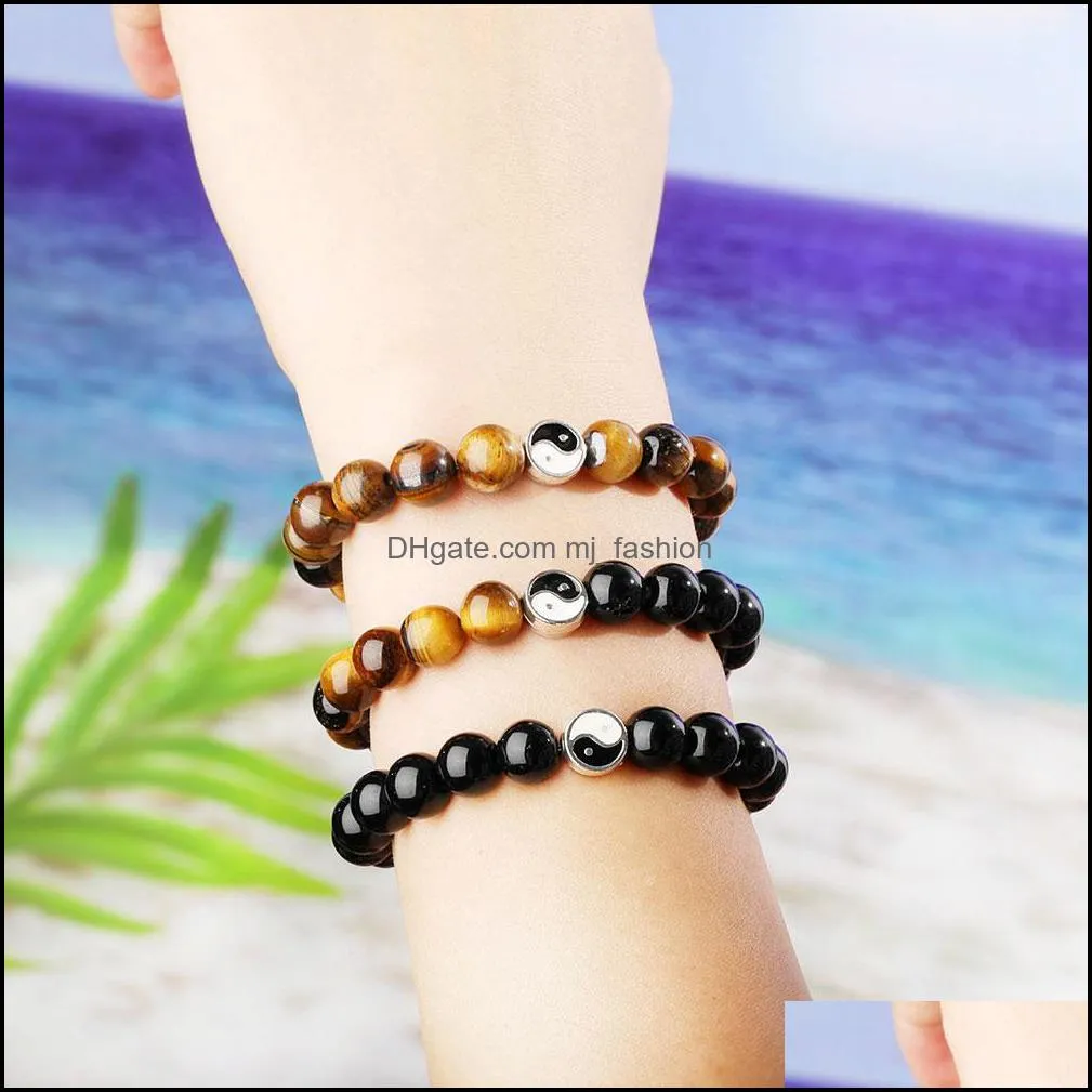 8mm Fashion Men Women Taiji Yin Yang Feng Shui Beaded Strands Bracelet Natural White Turquoise and Black Bead Couple Friendship Distance Bracelets Jewelry