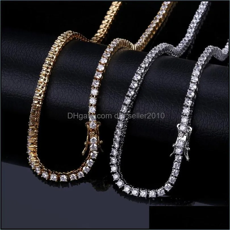 Whosale 3mm 16-24inches Iced Out Bling Zircon 1 Row Tennis Chain Necklace Men Hip hop Jewelry Gold Silver Charms 91 U2