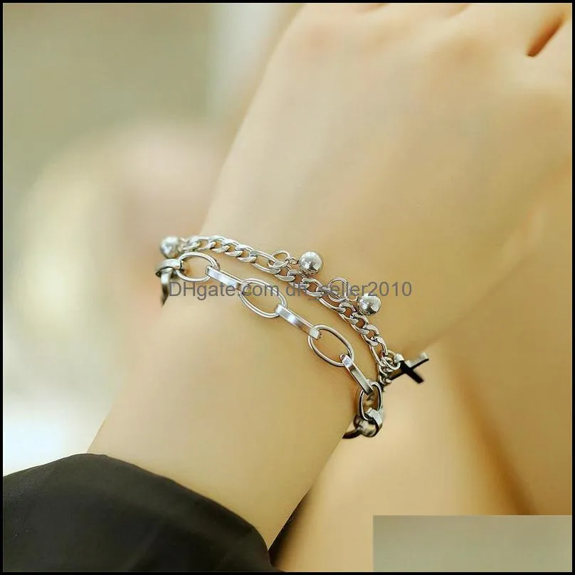 Gothic Hip Hop Metal Cross Pendant Charm stainless steel Bracelet for Women Beads 2 Layering Linked Chain Bracelets Cool Jewelry Gift
