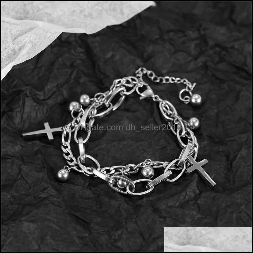 Gothic Hip Hop Metal Cross Pendant Charm stainless steel Bracelet for Women Beads 2 Layering Linked Chain Bracelets Cool Jewelry Gift