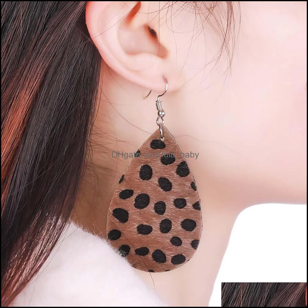 Waterdrop Cut Out Leopard Print Leather Dangle Earring for Women Fashion Silver Plated Hook Drop Earring Trendy Jewelry