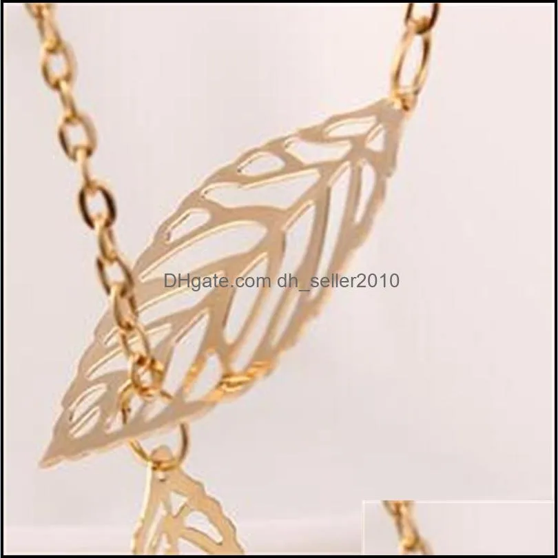 Simple European New Fashion Vintage Punk Gold Hollow Two Leaf Leaves Pendant Necklace Clavicle Chain Charm Jewelry Women