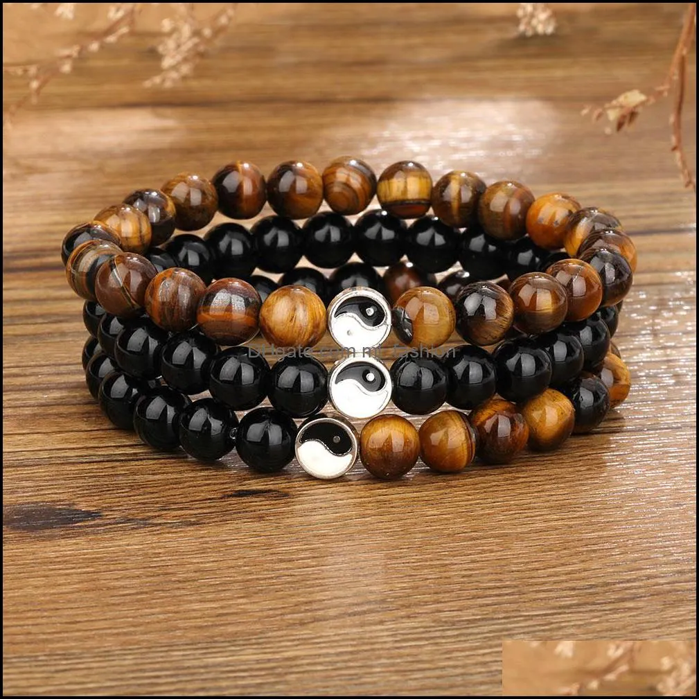 8mm Fashion Men Women Taiji Yin Yang Feng Shui Beaded Strands Bracelet Natural White Turquoise and Black Bead Couple Friendship Distance Bracelets Jewelry