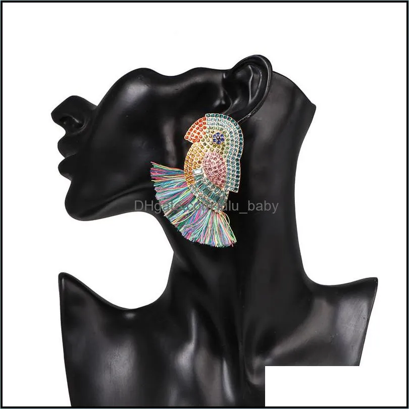 new colorful crystal flower fish parrot tassel earrings for women large boho fringed tassel hanging earrings wedding jewelry