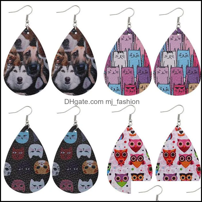 Design Animal Printed Leather Earring for Women Girls Boho Cat Dog Printed Dangle Drop Earrings Oval Waterdrop Ear Creative Party