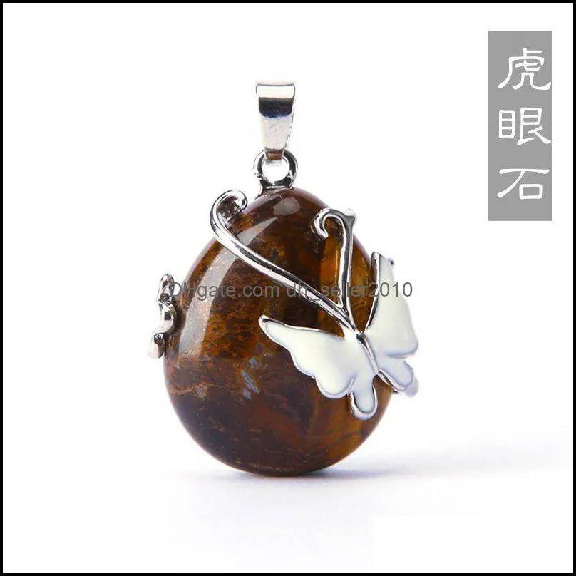 Water Drop Natural Stone Pendant Pink Quartz Purple Crystal Tiger Eye Butterfly Flower Pendants Necklace for Women Men