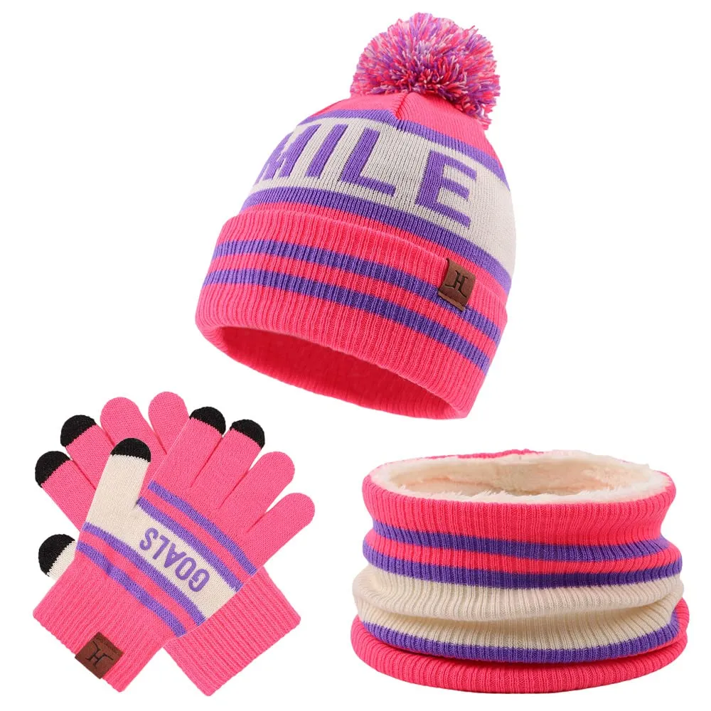 kids winter beanie hat scarf gloves set with fleece lining for 15 years old girls boys