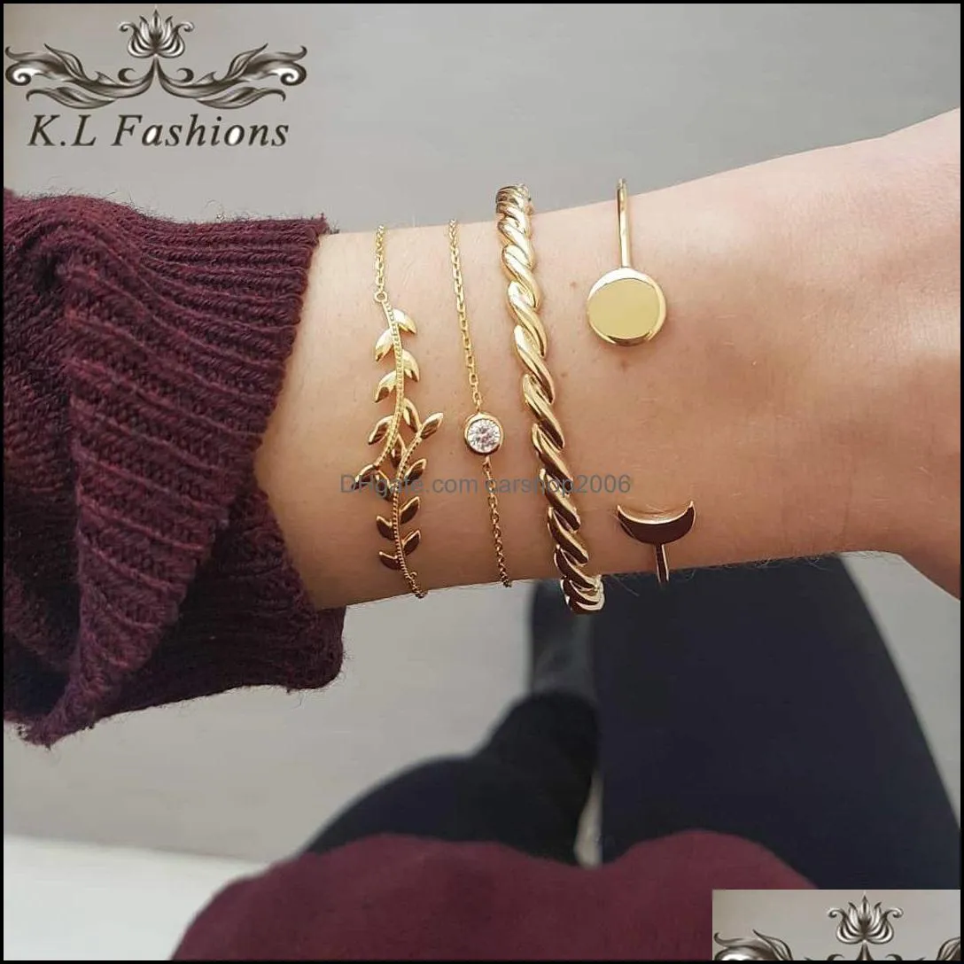 4Pcs/set feather stars moon olive branch crystal open cuff bracelet for women girl gold plating adjustable wire bangle fashion jewelry