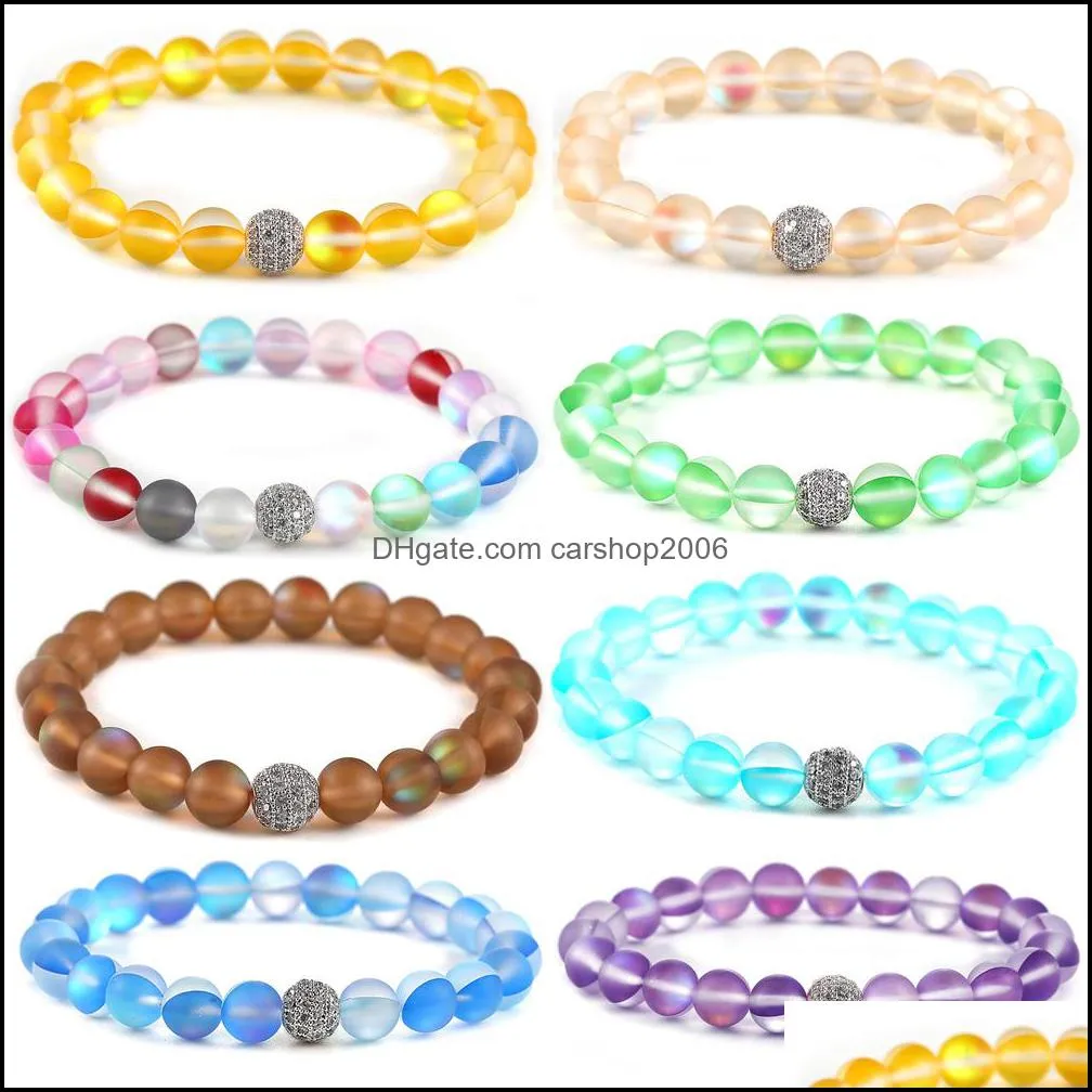 Women Men Fashion Natural Flash Stone Beaded Strands Bracelet 8mm 6mm Polish Frosted Colorful Crystal Glass Beads Zircon Copper Moonstone