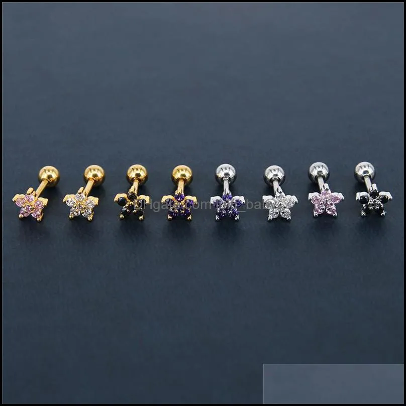 4 Color Flower CZ Stud Earrings For Women Girl Gold Silver Titanium Steel 5A Flash Zircon Studs Earrings Elegant Jewelry