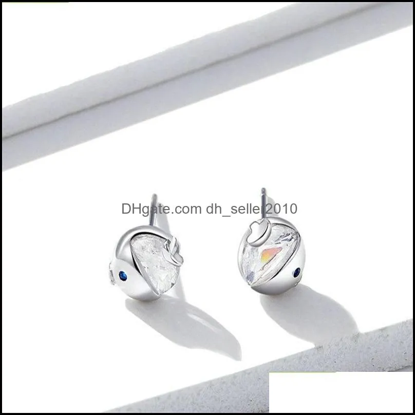 Cute Tiny Fish Charm Earring Stud 925 Sterling Silver Women Gift CZ Earring Jewelry Rhodium Plated