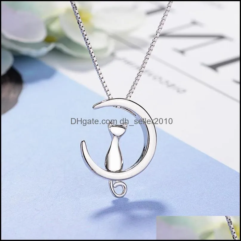 925 Sterling Silver New Woman Fashion Jewelry Kitty Moon Retro Simple Pendant Necklace Length 45cm