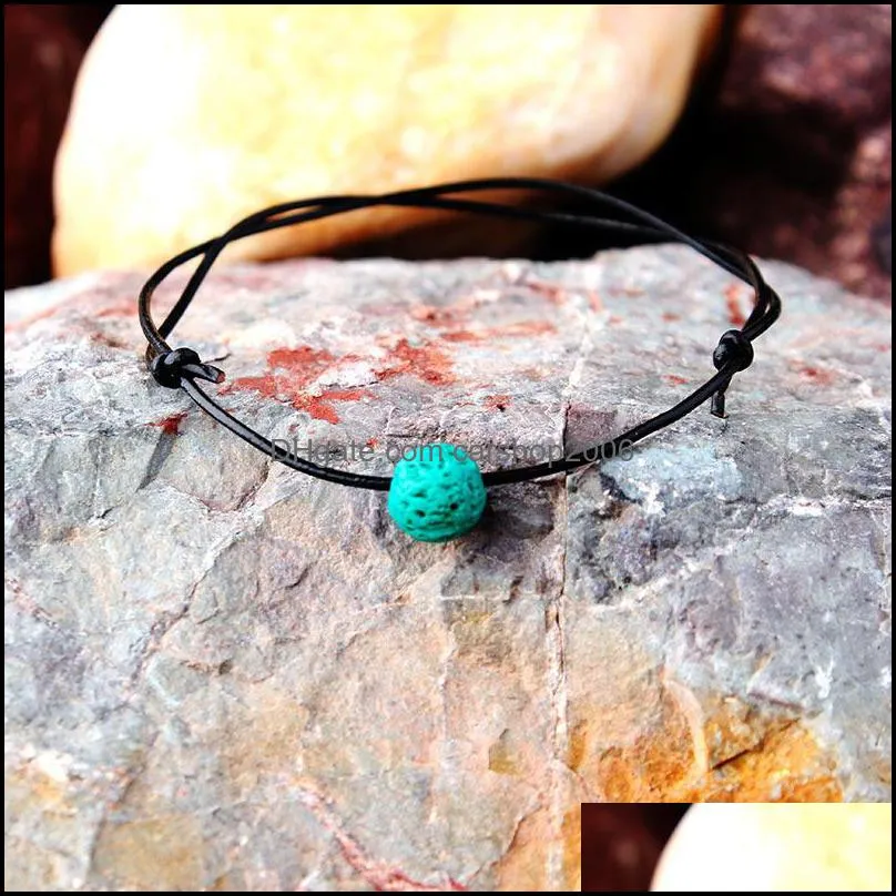 Beaded Leather Braided Rope Anklet for Woman Man Natural Volcanic Stone Ocean Bohemian Pendant Jewelry Gift