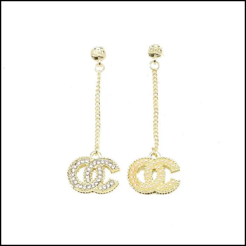 14k gold plated long earrings luxury brand designers letters stud geometric famous women double letter crystal rhinestone pearl earring wedding party