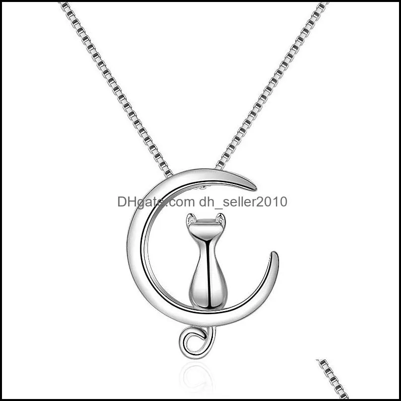 925 Sterling Silver New Woman Fashion Jewelry Kitty Moon Retro Simple Pendant Necklace Length 45cm