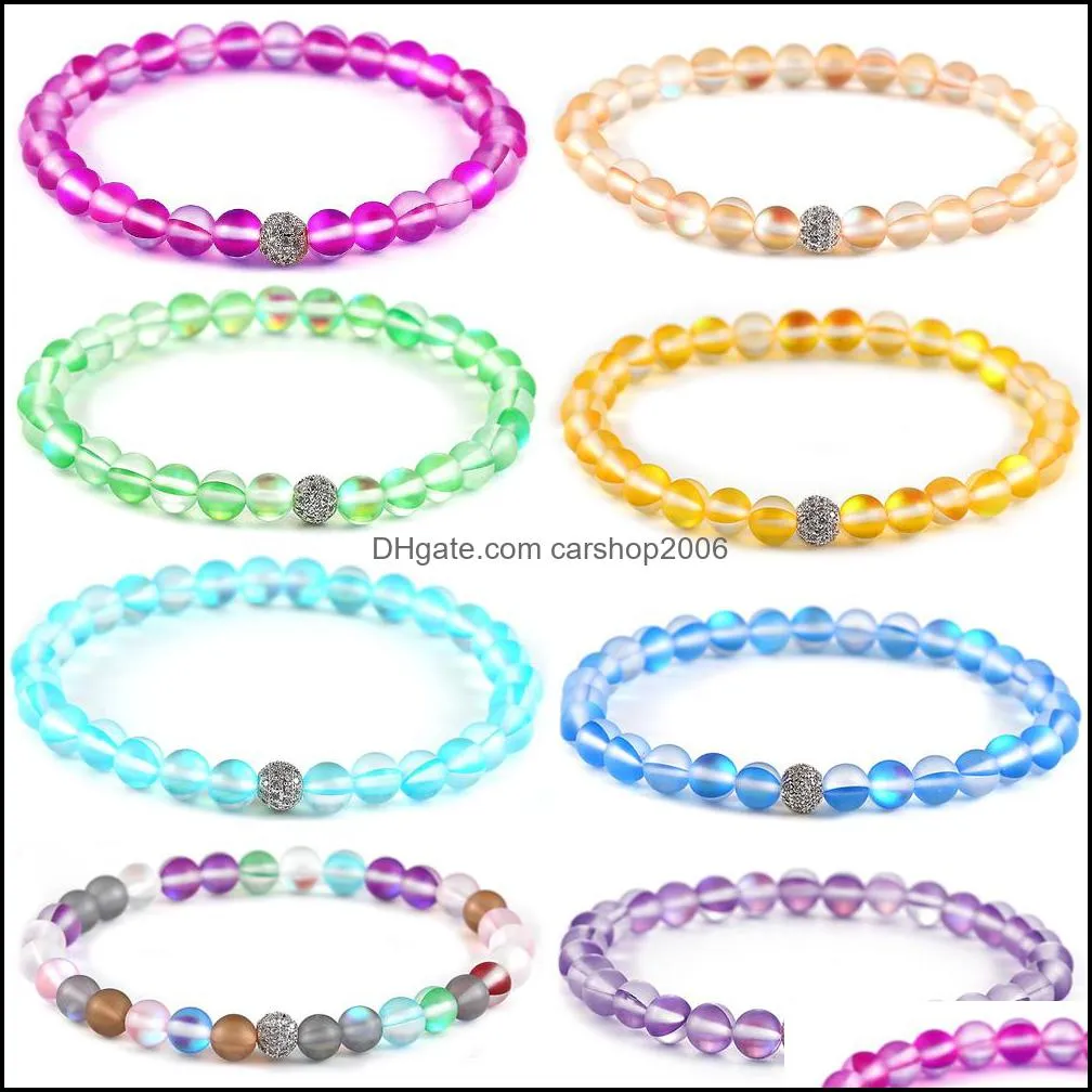 Women Men Fashion Natural Flash Stone Beaded Strands Bracelet 8mm 6mm Polish Frosted Colorful Crystal Glass Beads Zircon Copper Moonstone