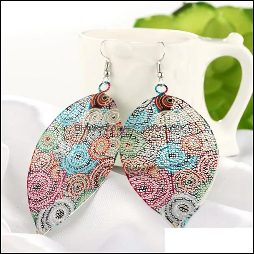 Vintage Colorful Hollow Out Metal Leaf Dangle Drop Earrings For Women Fashion Ear Rings Jewelry C3