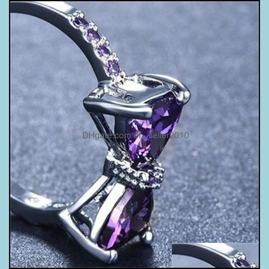Silver Color Purple Bow Ring For Women Cute Cubic Zirconia Rings Fashion Jewelry Gift C3