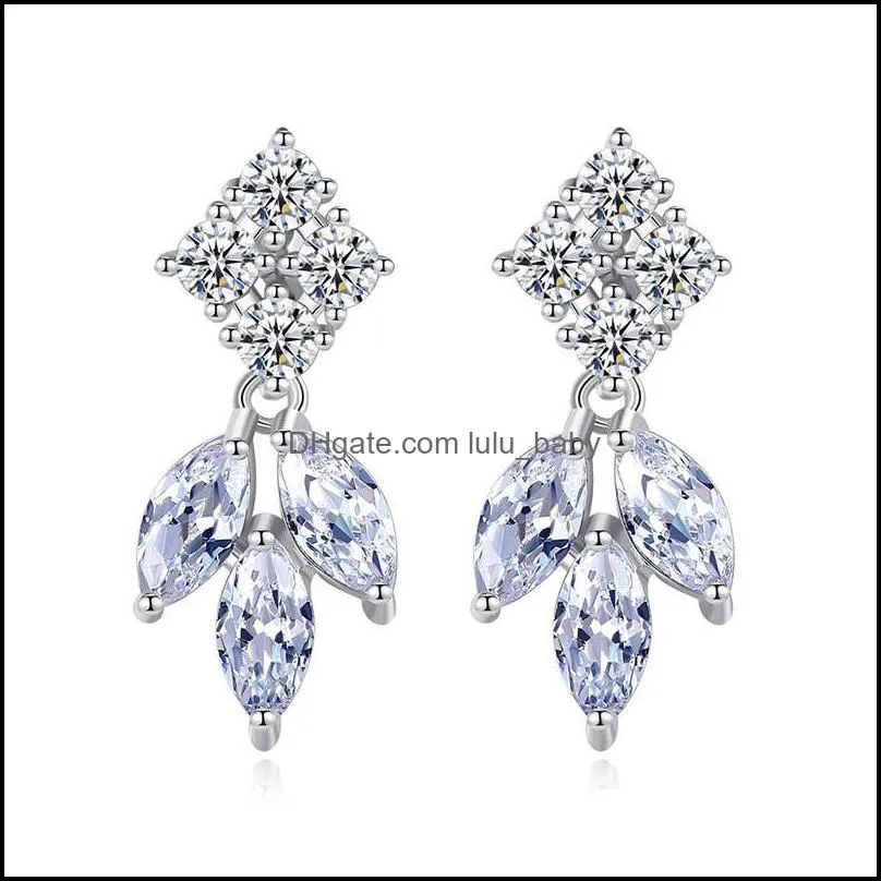 fashion designer women jewelry earrings leaf square cubic zirconia dangle earring 925 silver cz gold earring wedding gift