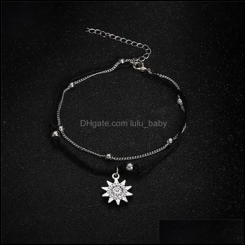Bohemia Sun Pendant Beaded Anklet Bracelet for Women Simple Rope Alloy Double-layer in Summer Leg Ankle Foot Jewelry Anklets
