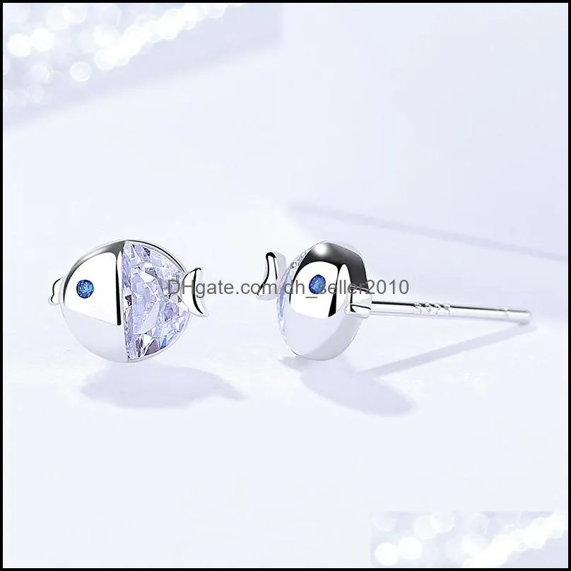 Cute Tiny Fish Charm Earring Stud 925 Sterling Silver Women Gift CZ Earring Jewelry Rhodium Plated