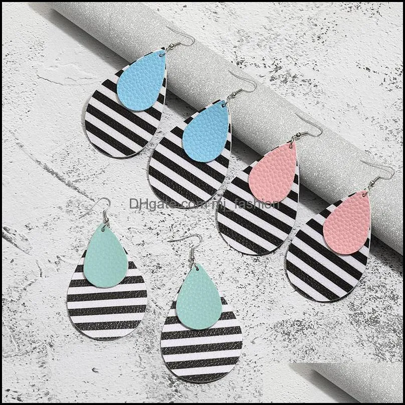 Women Fashion Waterdrop PU Leather Earring Personalized Design Zebra Stripes Double Layer Jewelry Statement Hook Dangle Earrings