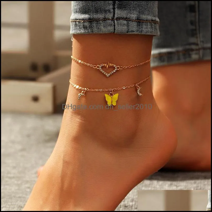 Bohemian Butterfly Anklets For Woman Vintage Handmade Crystal Heart Bowknot Tassel Anklet Ankle Leg Foot Bracelet Jewelry 2pcs/set C3