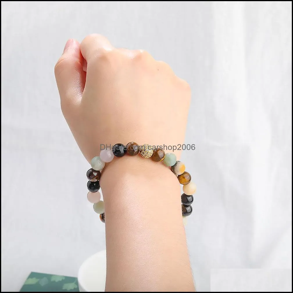 handmade 8mm tiger eye natural stone beads bracelet for women men elastic copper inlaid micro zircon beads bracelet jewelry gift