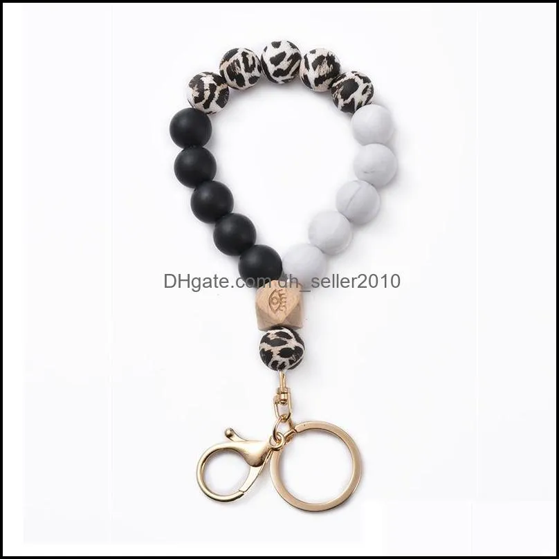 Silicone Keychain Wooden Beads Key chains Leopard Printing Circle Keyring Multicolor Women Jewelry C3