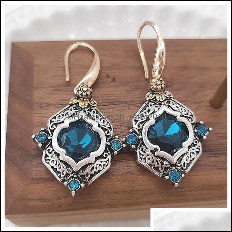 Vintage Women Blue Crystal Drop Dangle Earrings Wedding Engagement Rhinestone Rhombus Earrings Statement Gift for Girl C3
