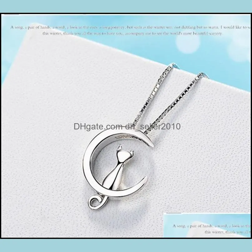 925 Sterling Silver New Woman Fashion Jewelry Kitty Moon Retro Simple Pendant Necklace Length 45cm