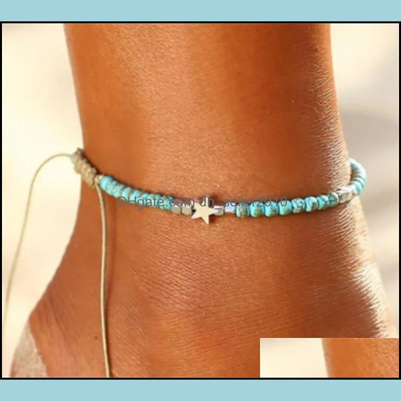 Bohemian Turquoises Anklet with Star Vintage Adjustable Woven Rope Bracelet on Leg Beaded Anklet Ankle Boho Jewelry C3