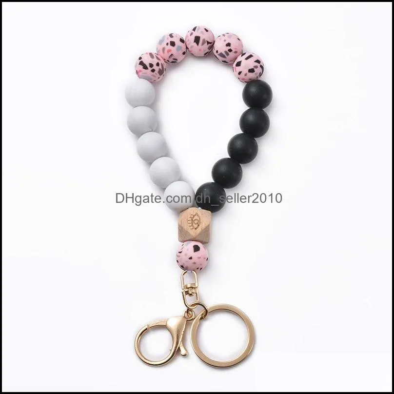 Silicone Keychain Wooden Beads Key chains Leopard Printing Circle Keyring Multicolor Women Jewelry C3
