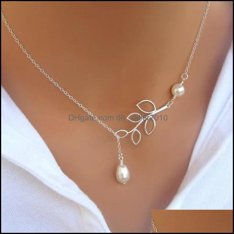 Fashion Pearl Pendant Necklace Fashion Leaf Imitation Pearls Drops Cross Necklace For Women Jewelry Gift Party