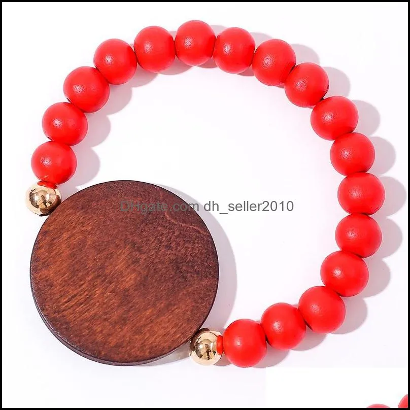 Key Rings Beaded bracelet for ladies holiday gift Personalized Laser Blank Disc Wooden Beads Stretch Bracelet C3