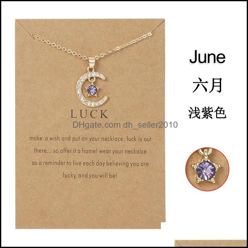 Birthstone Month Moon Star Pendent Necklaces 12 Months Luck Necklace with Paper Card For Couple Women Girls Gift C3