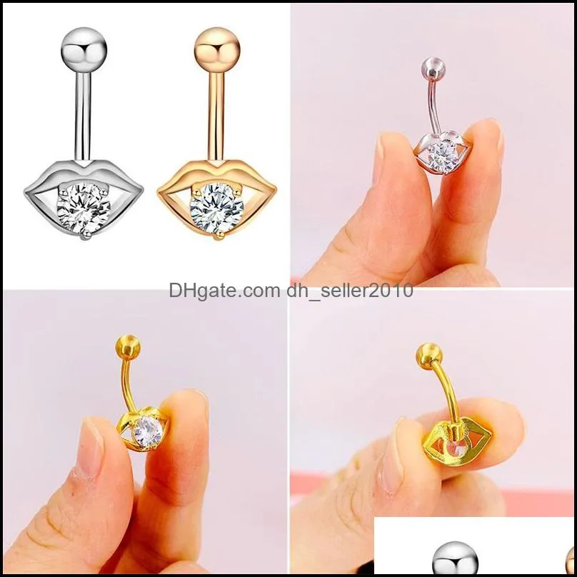 1pc Stainless Steel Navel Piercings Body Jewelry Fashion lip-shaped Zircon Belly Button Ring Bar Sexy Crystal Navel Earrings C3