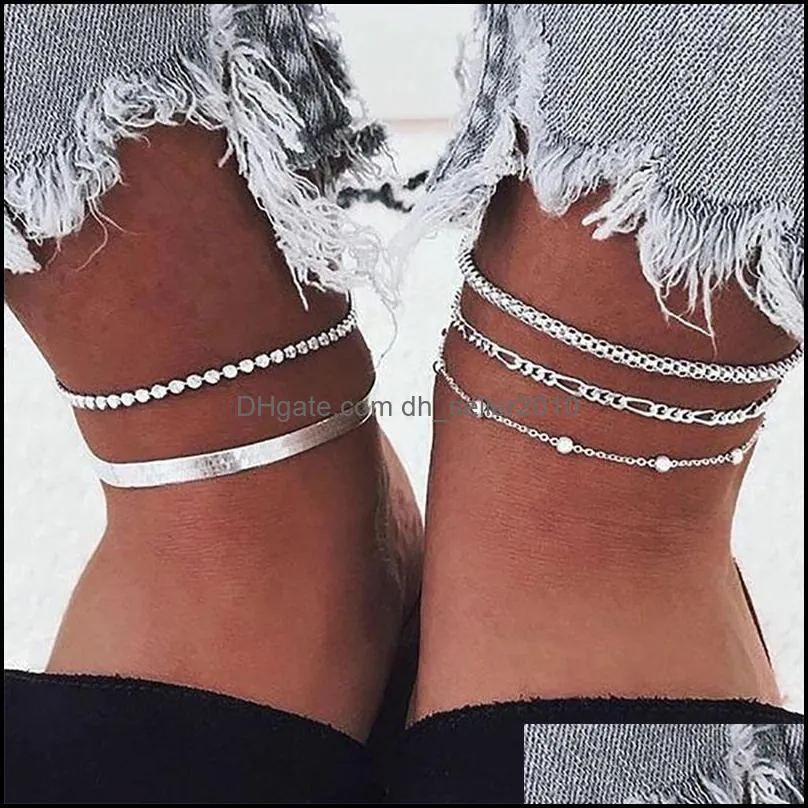 Anklets 5 Pcs/Set Multilayer Beads Snake Chain Set For Women Barefoot Sandals Ankle Bracelet On Leg Foot Jewlery Gifts C3