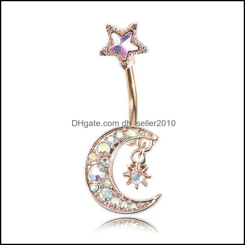 see pic 1pc Sexy Star Moon Navel Belly Button Rings Piercing Crystal Steel Woman Body Jewelry Barbell Women Accessories C3