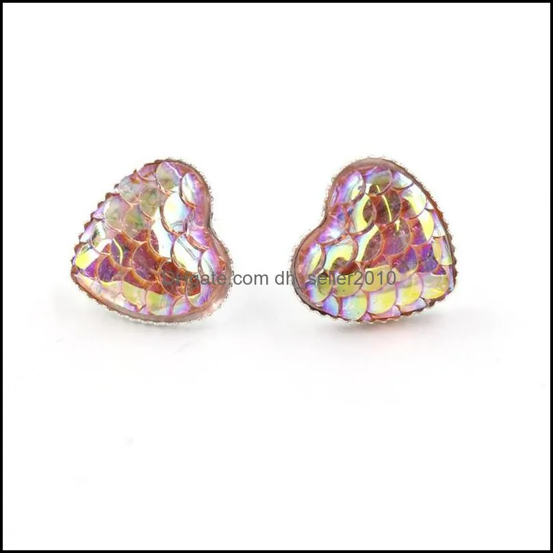 12mm Mermaid Resin Fish Scale Stud Earring Fishscale Earrings Round & Heart Shaped Silver Plated C3